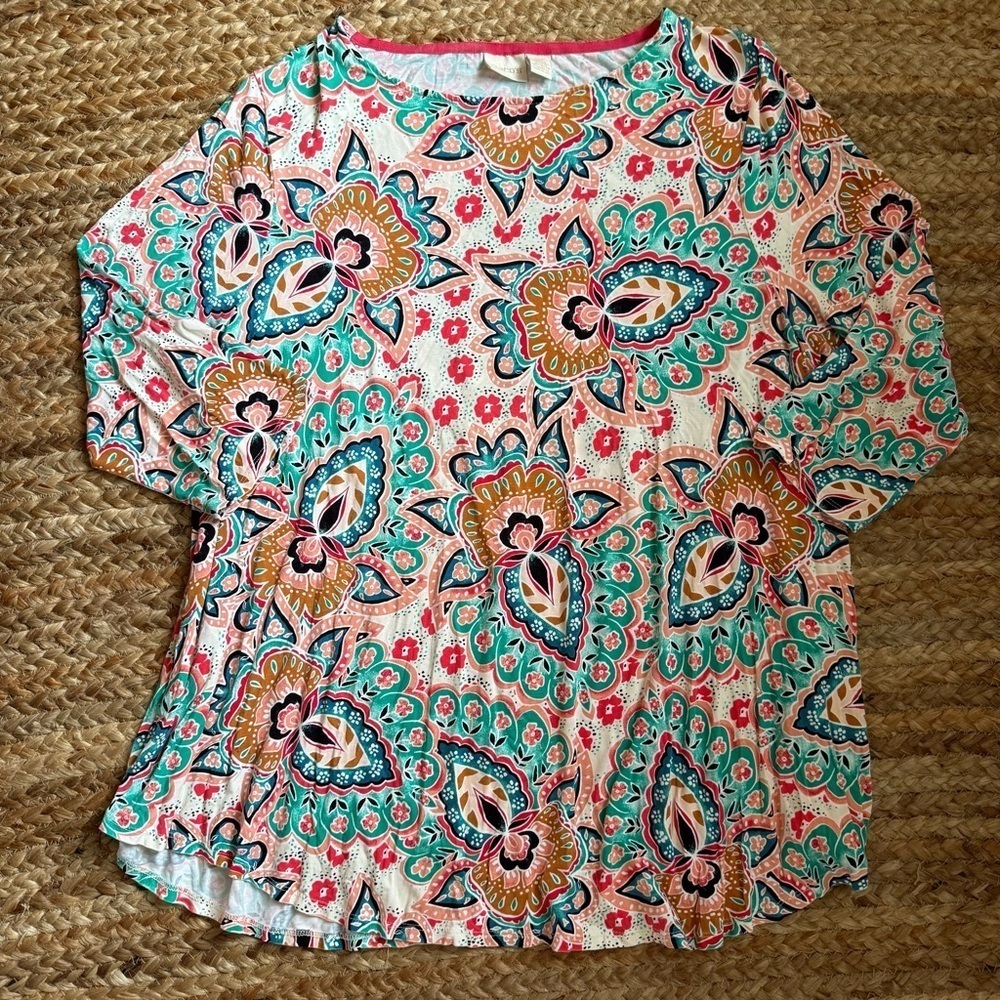 Chico’s XL Size 3 Colorful Paisley Medallion Stretchy 3/4 Sleeve Blouse
